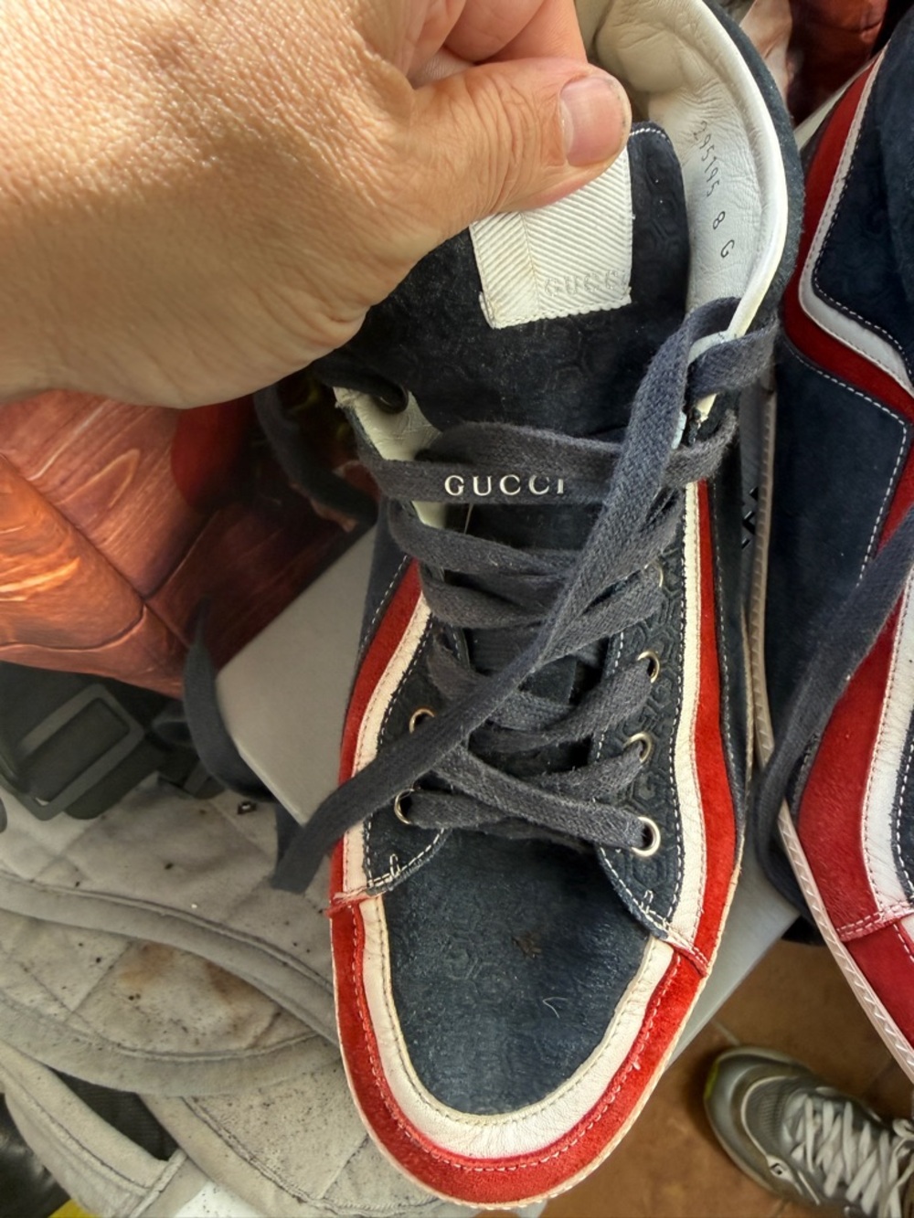 Gucci Men's Blue, Red & White High-Top Sneakers - Picture 2 of 9